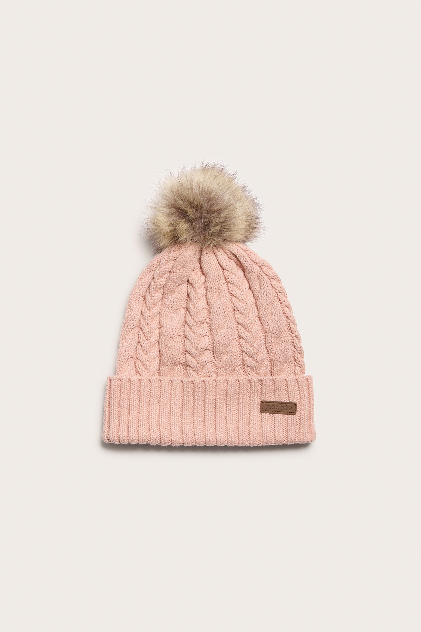 Baby kids pink cable knit faux fur pom pom hat