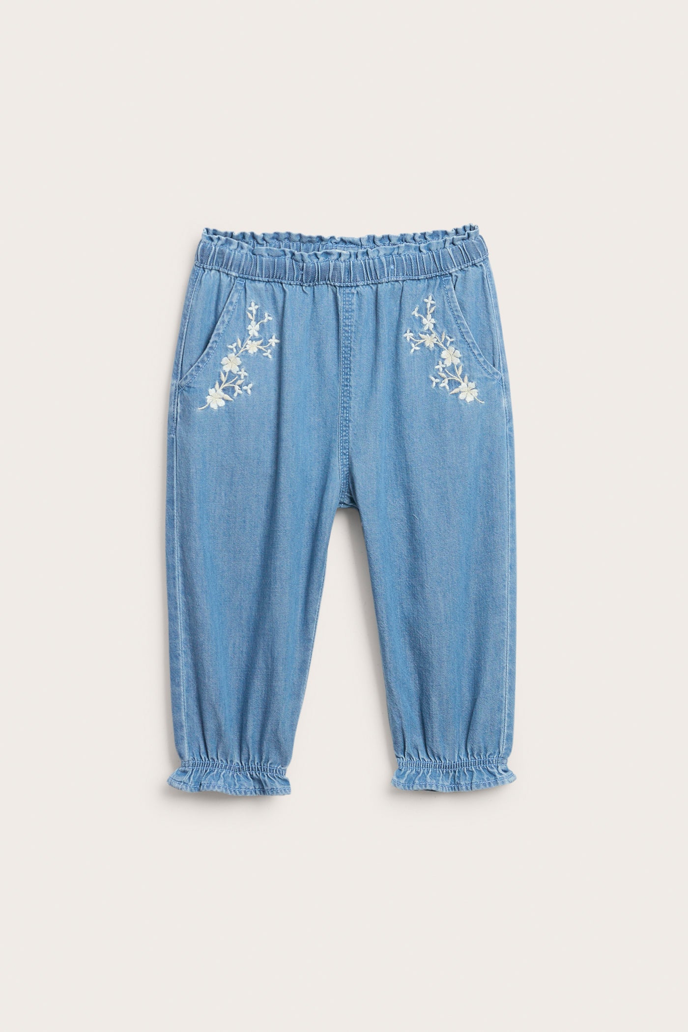 Baby blue denim trousers with floral embroidery – Newbie