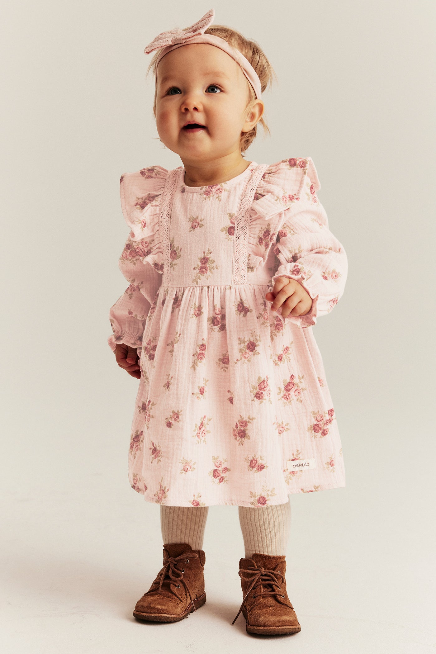 Baby pink floral dress with frills – Newbie