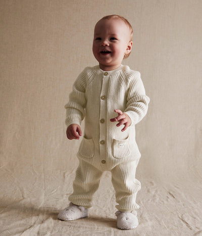 Baby beige rib-knitted romper