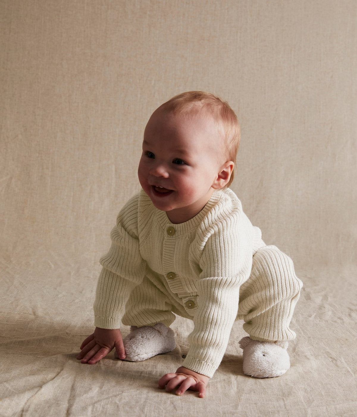 Baby beige rib-knitted romper