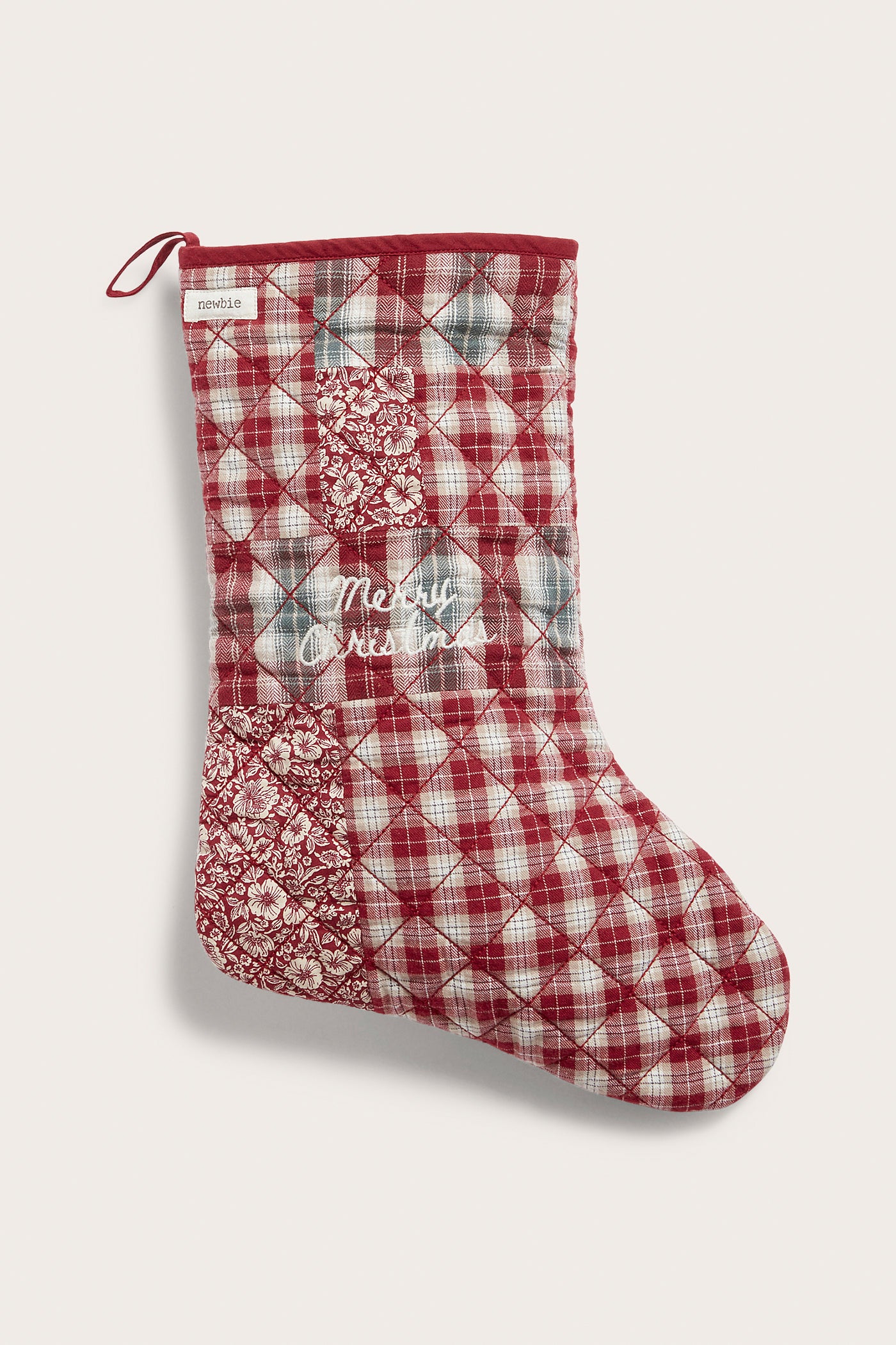 Quilted red patchwork Christmas stocking