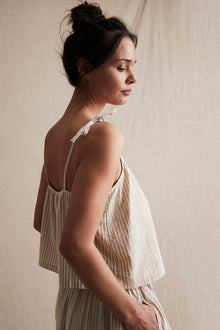 Womens beige striped tie shoulder top