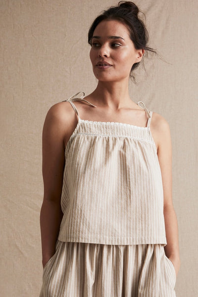 Womens beige striped tie shoulder top