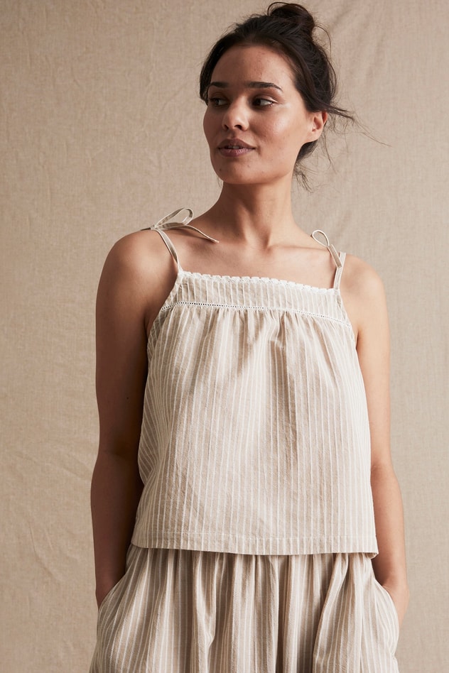 Womens beige striped tie shoulder top