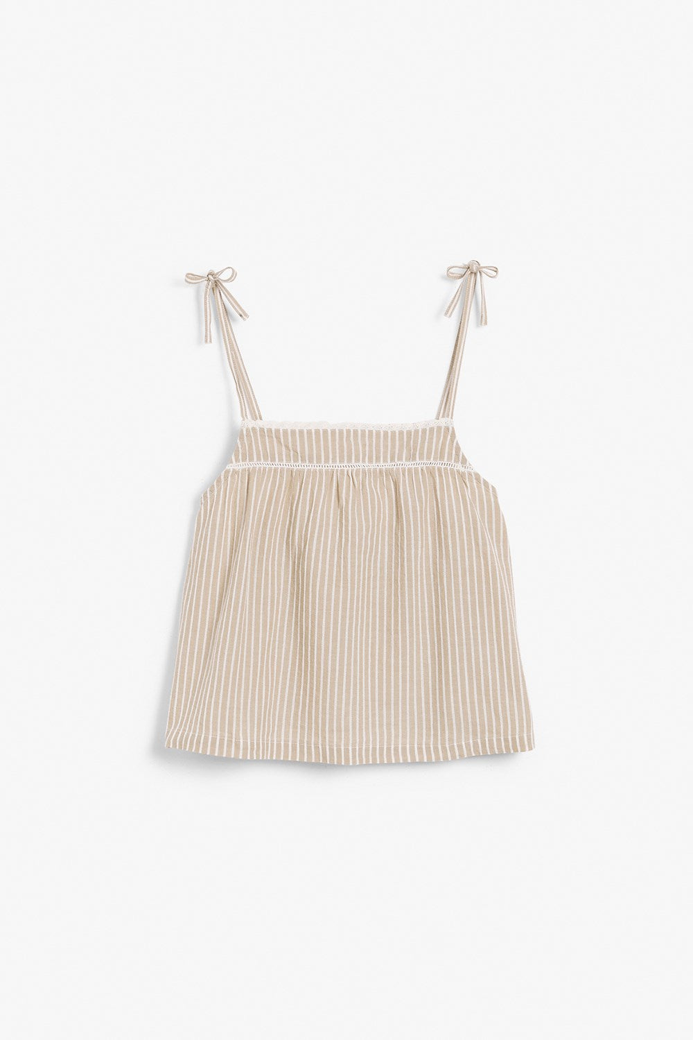 Womens beige striped tie shoulder top