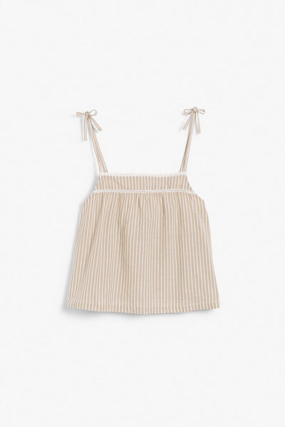Womens beige striped tie shoulder top
