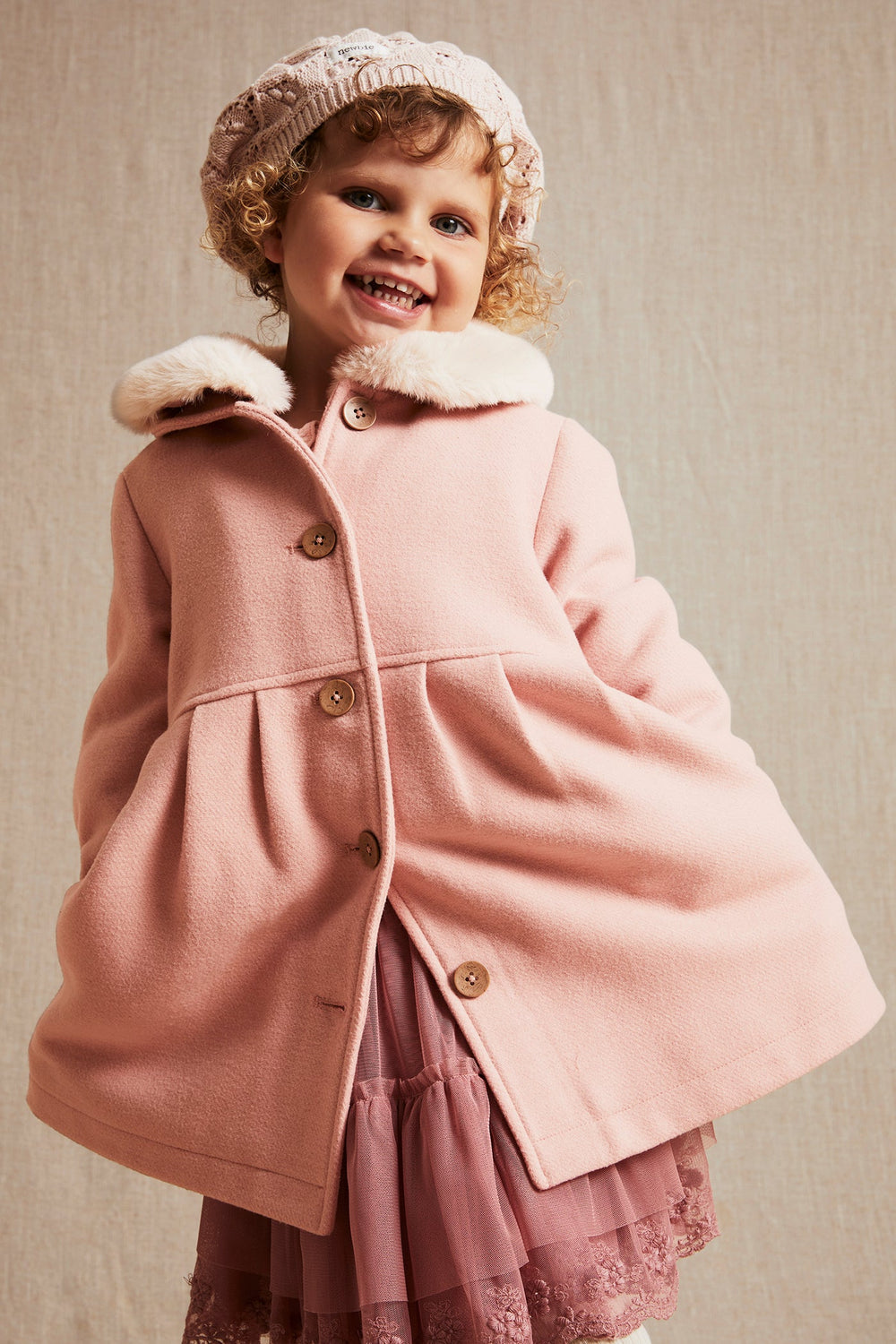 Baby kids pink faux fur collar coat