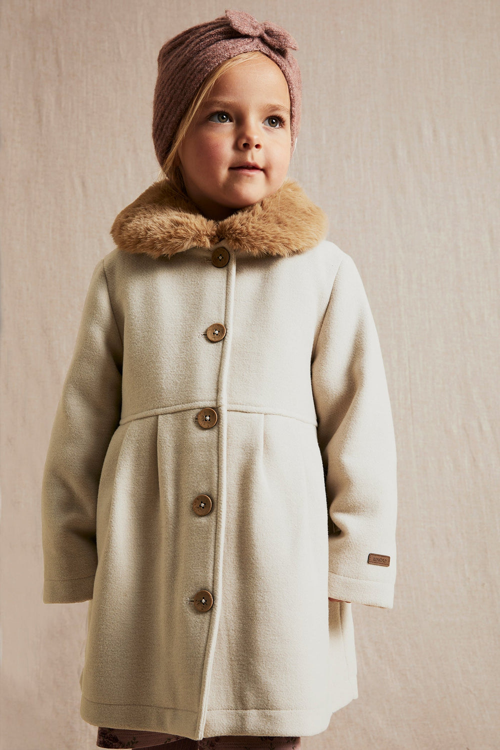 Baby kids beige faux fur collar coat