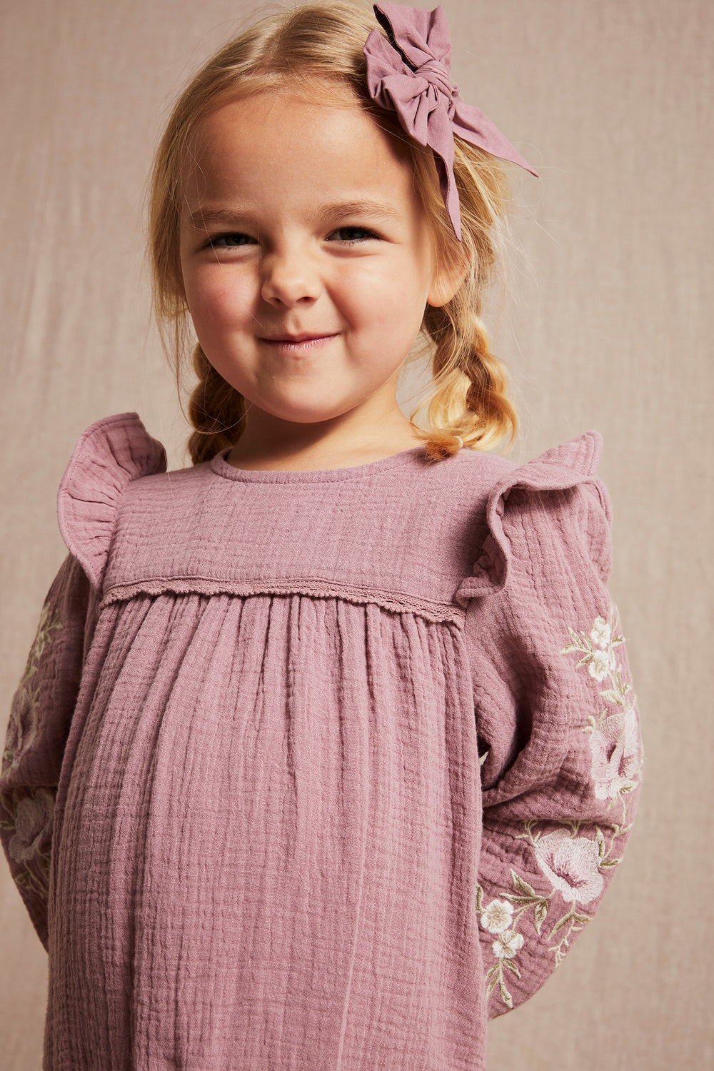 Kids dark pink floral embroidery crepe dress Newbie