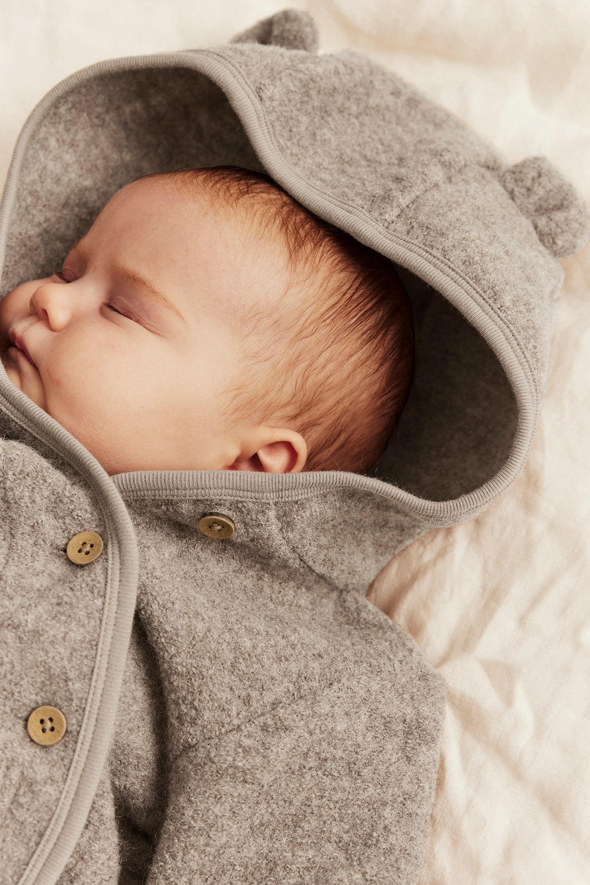 Baby brown wool pramsuit with hood ears