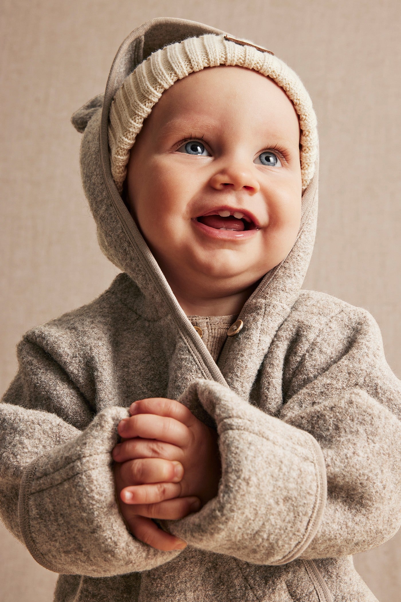 Baby brown wool coverall with hood ears