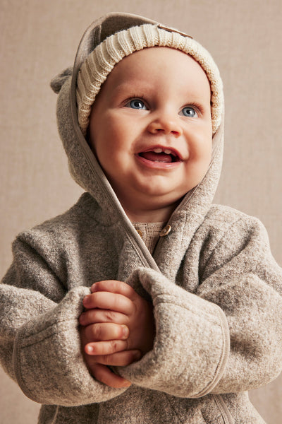 Baby brown wool pramsuit with hood ears