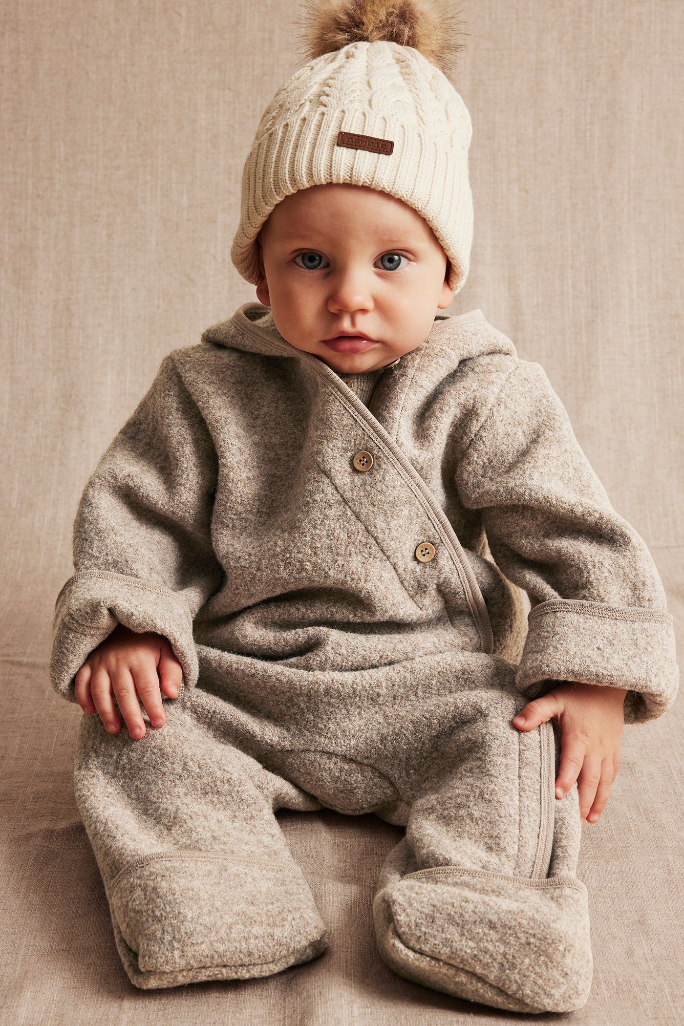 Baby brown wool coverall with hood ears - Main Image