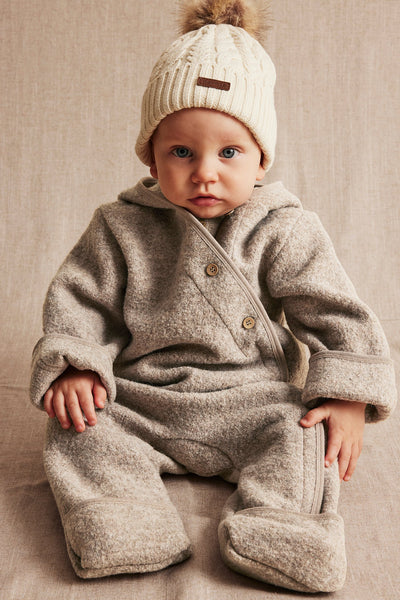 Baby brown wool pramsuit with hood ears