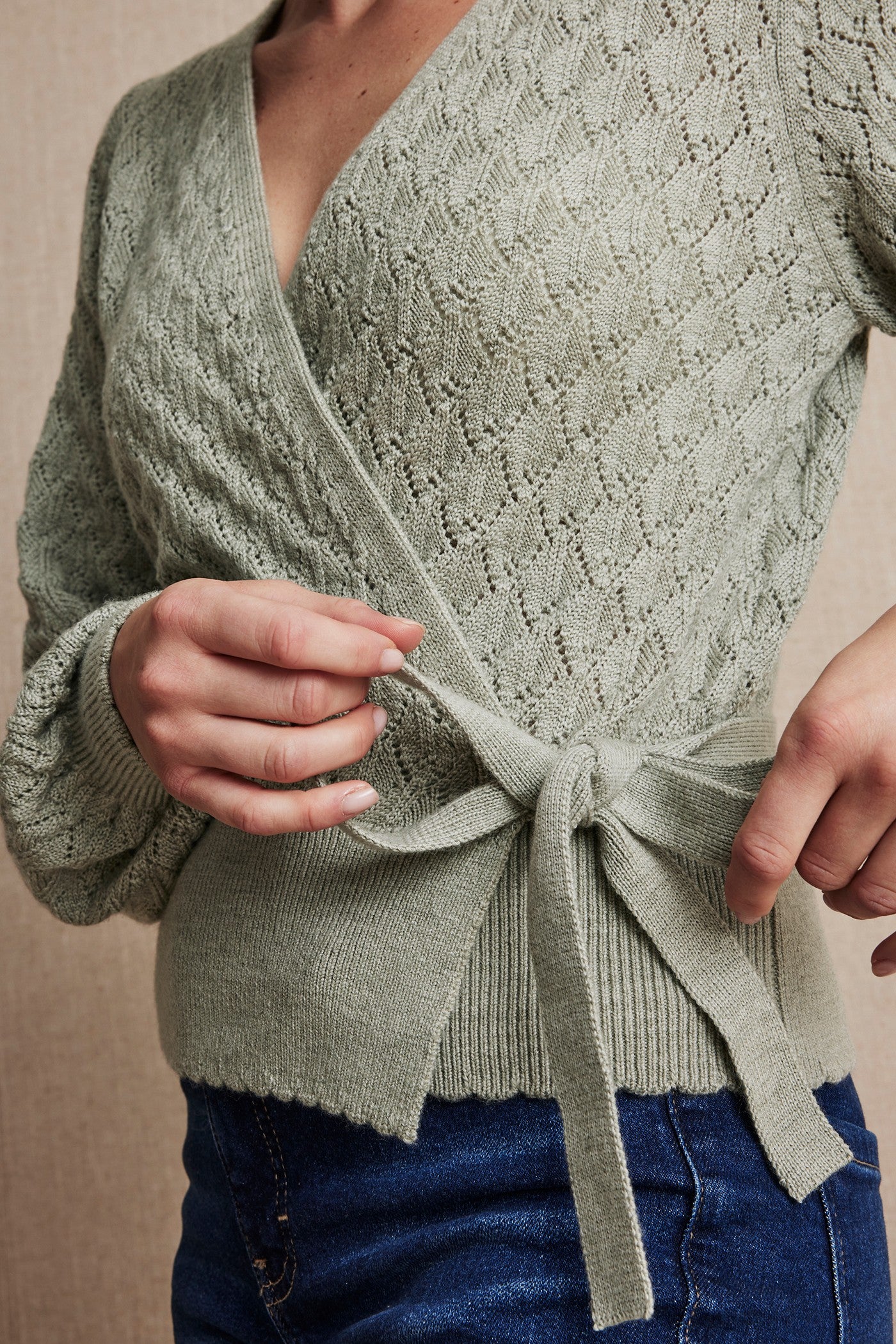 Women's green wool wrap cardigan