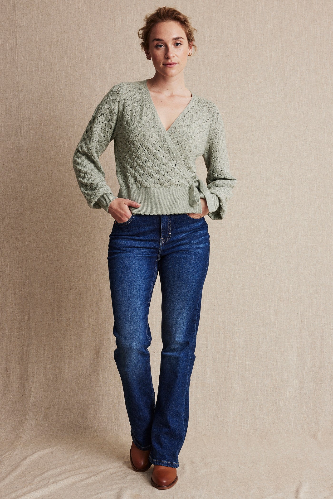 Women's green wool wrap cardigan