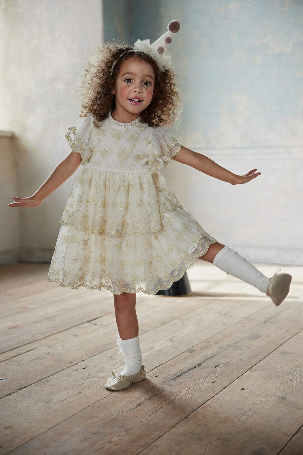 Kids white gold floral tutu dress