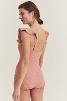 Women's pink swimsuit with ruffles