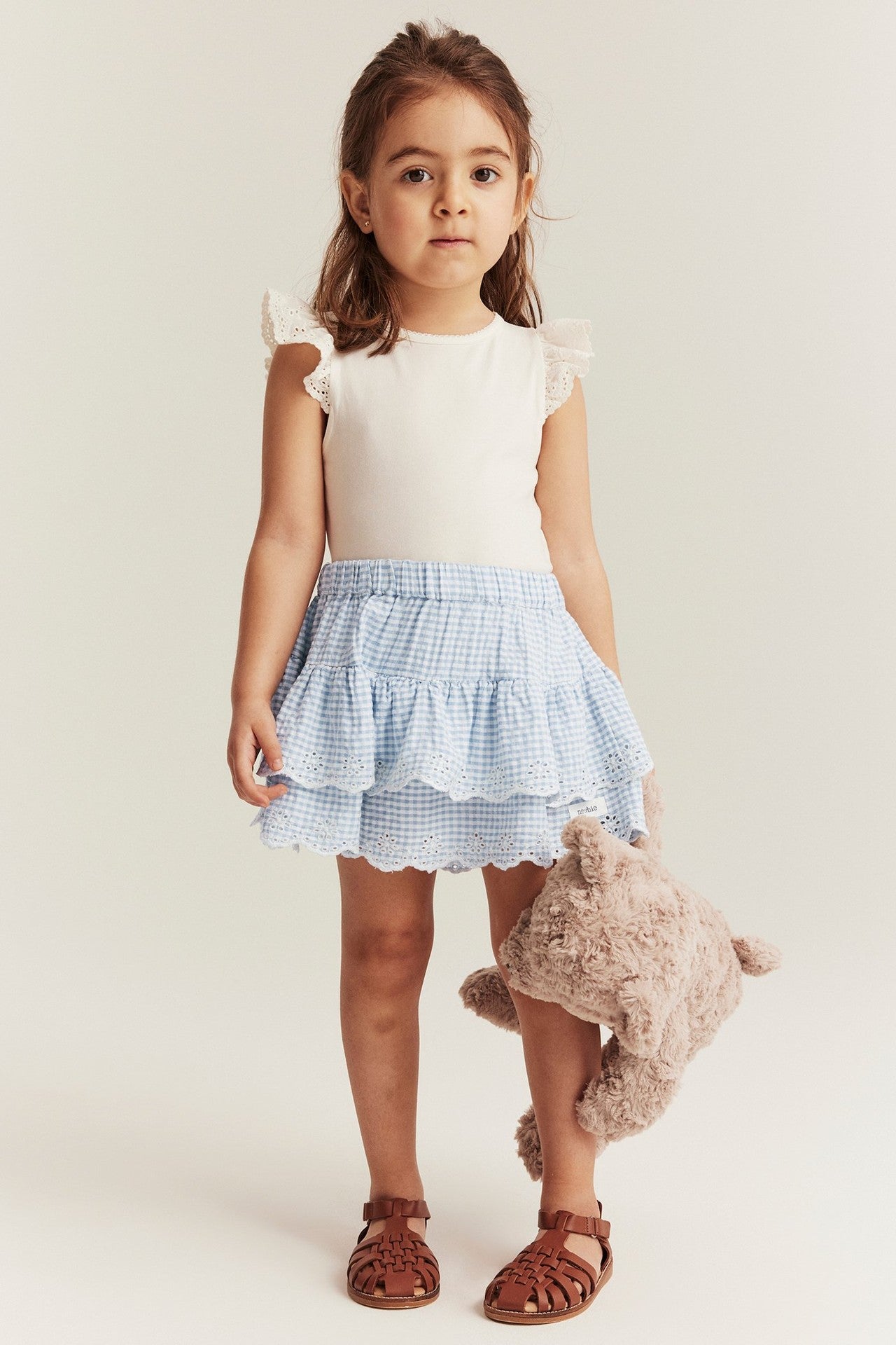 Kids' blue checked frilled skort