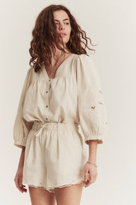 Women's beige embroidered shorts