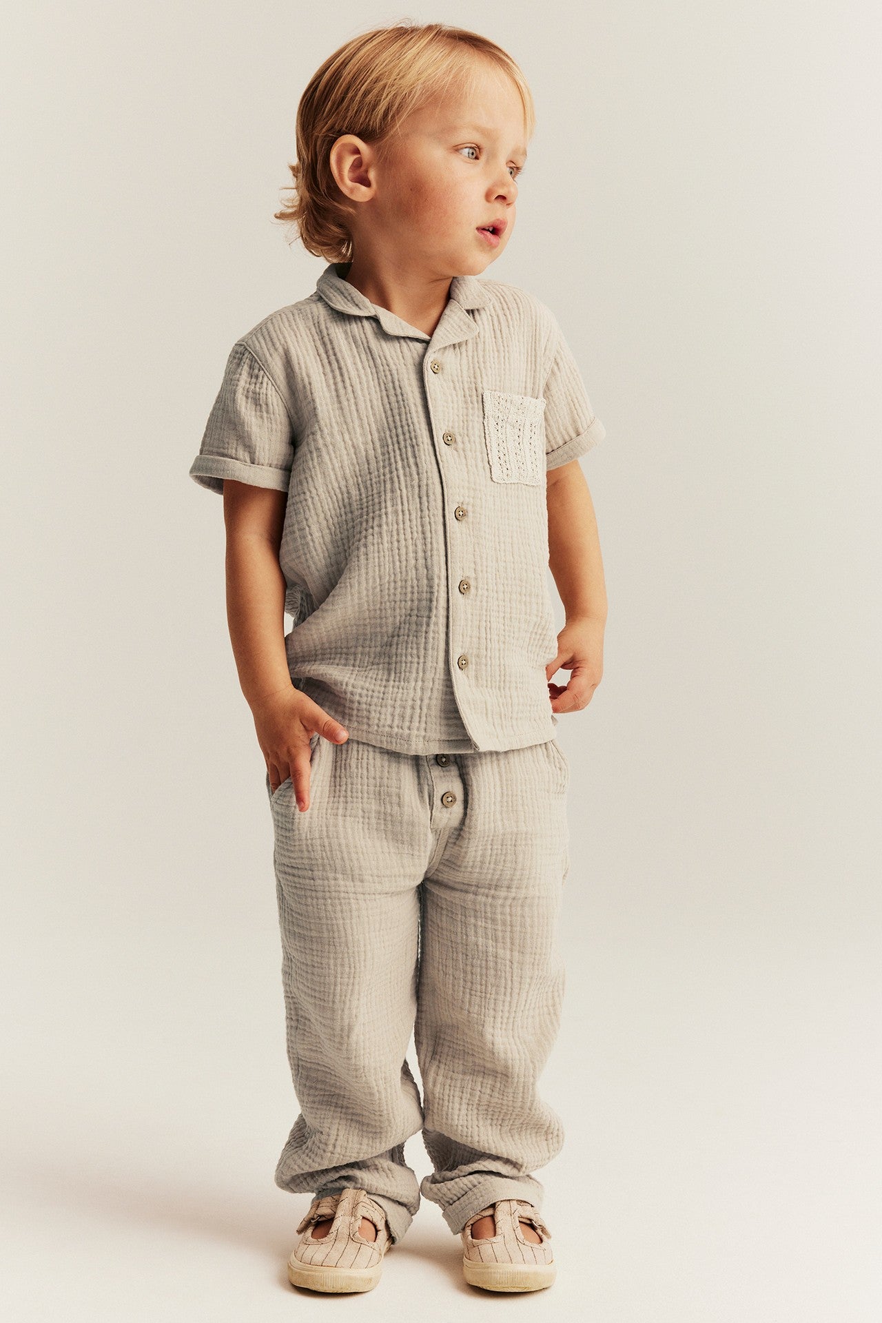 Kids beige muslin short-sleeved shirt