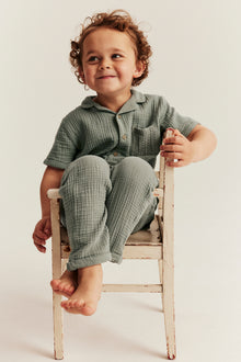 Kids green muslin short-sleeved shirt