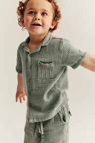 Kids green muslin short-sleeved shirt