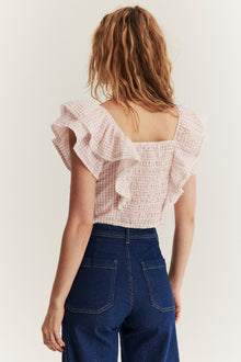 Women's pink checked frill blouse