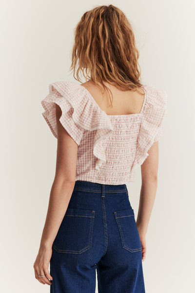 Women's pink checked frill blouse