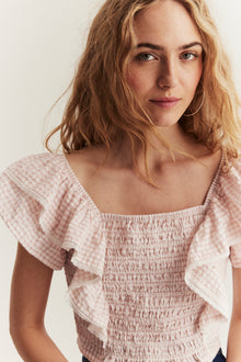 Women's pink checked frill blouse