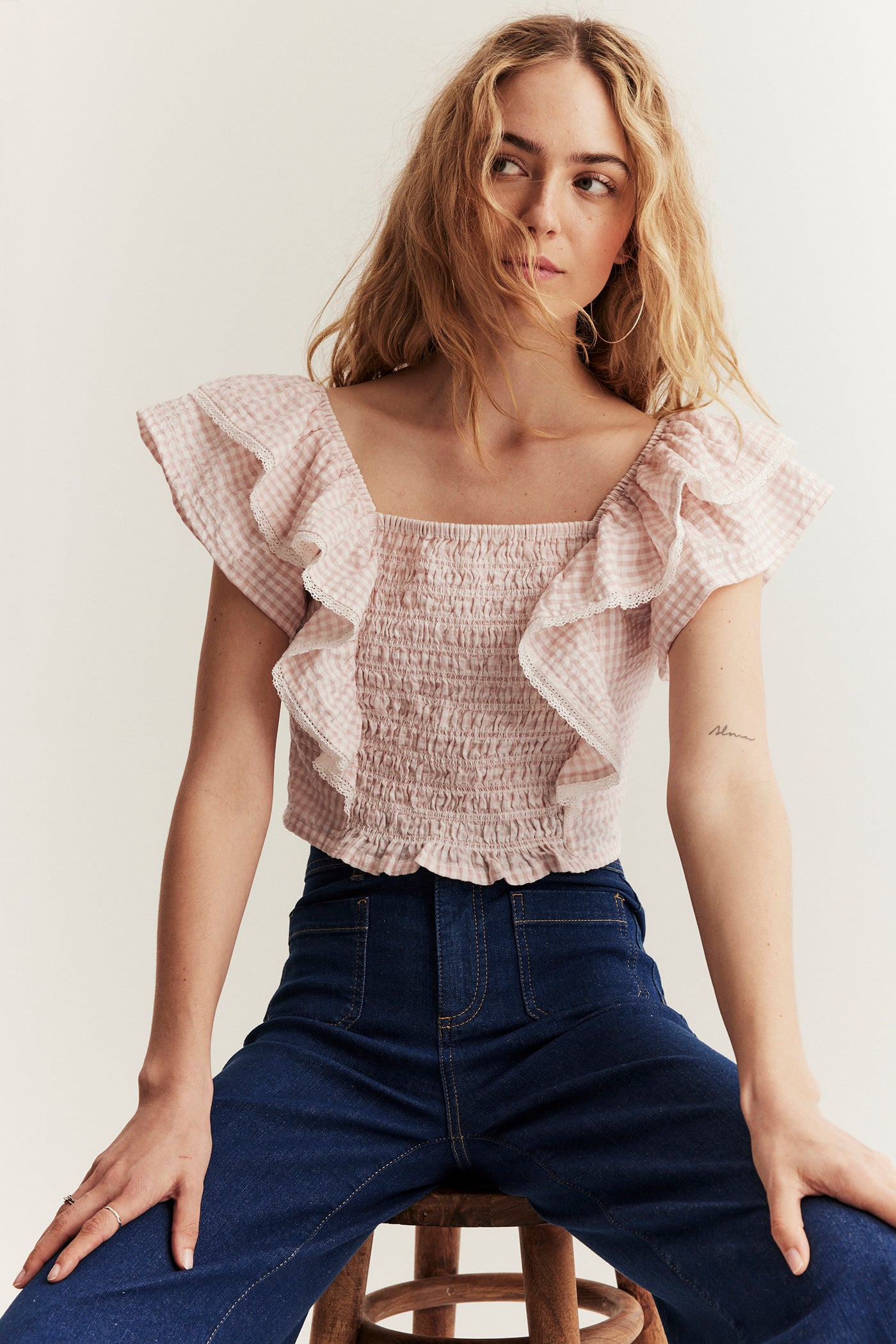 Women's pink checked frill blouse