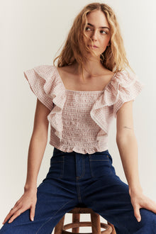 Women's pink checked frill blouse