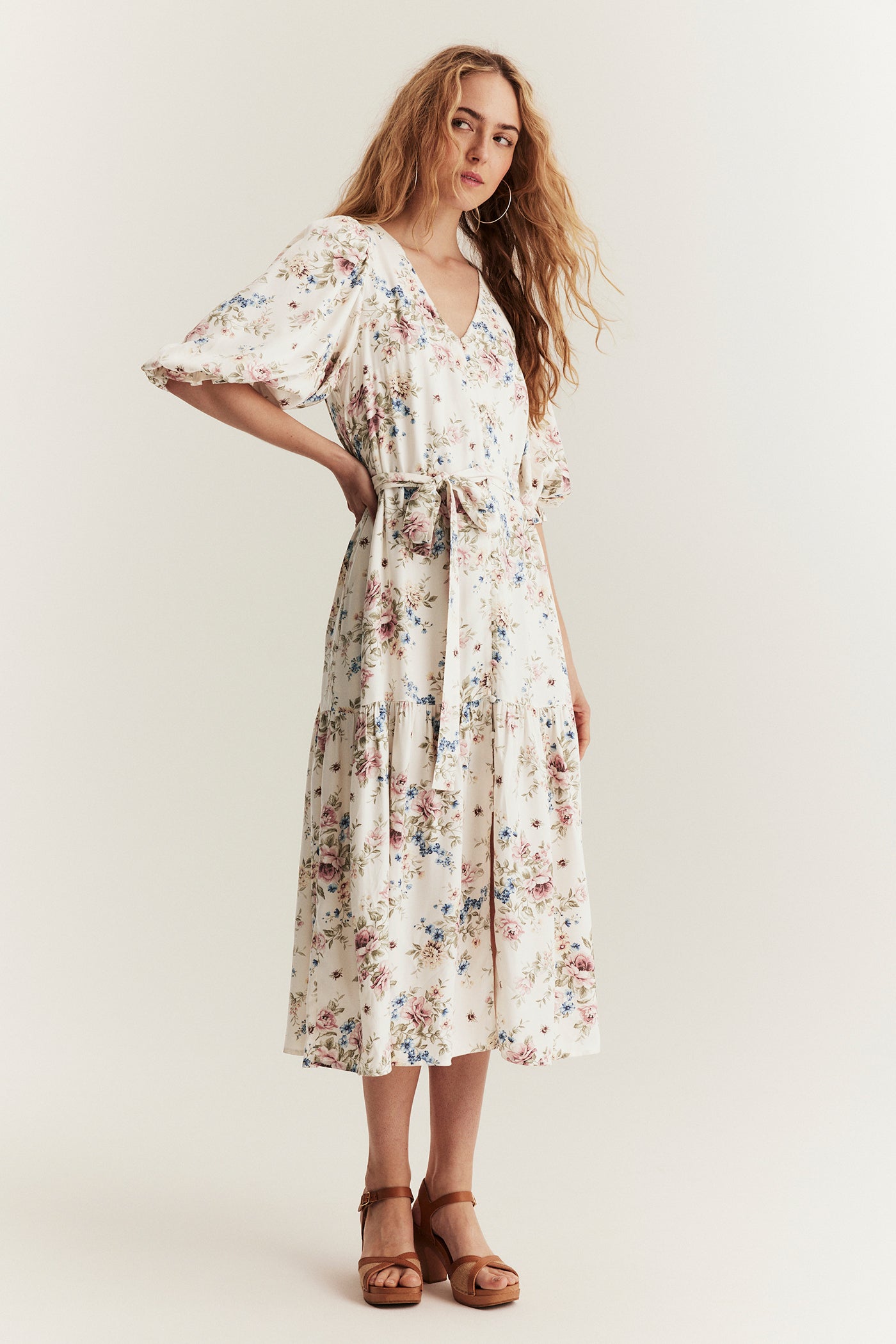 Women's white floral dress with belt