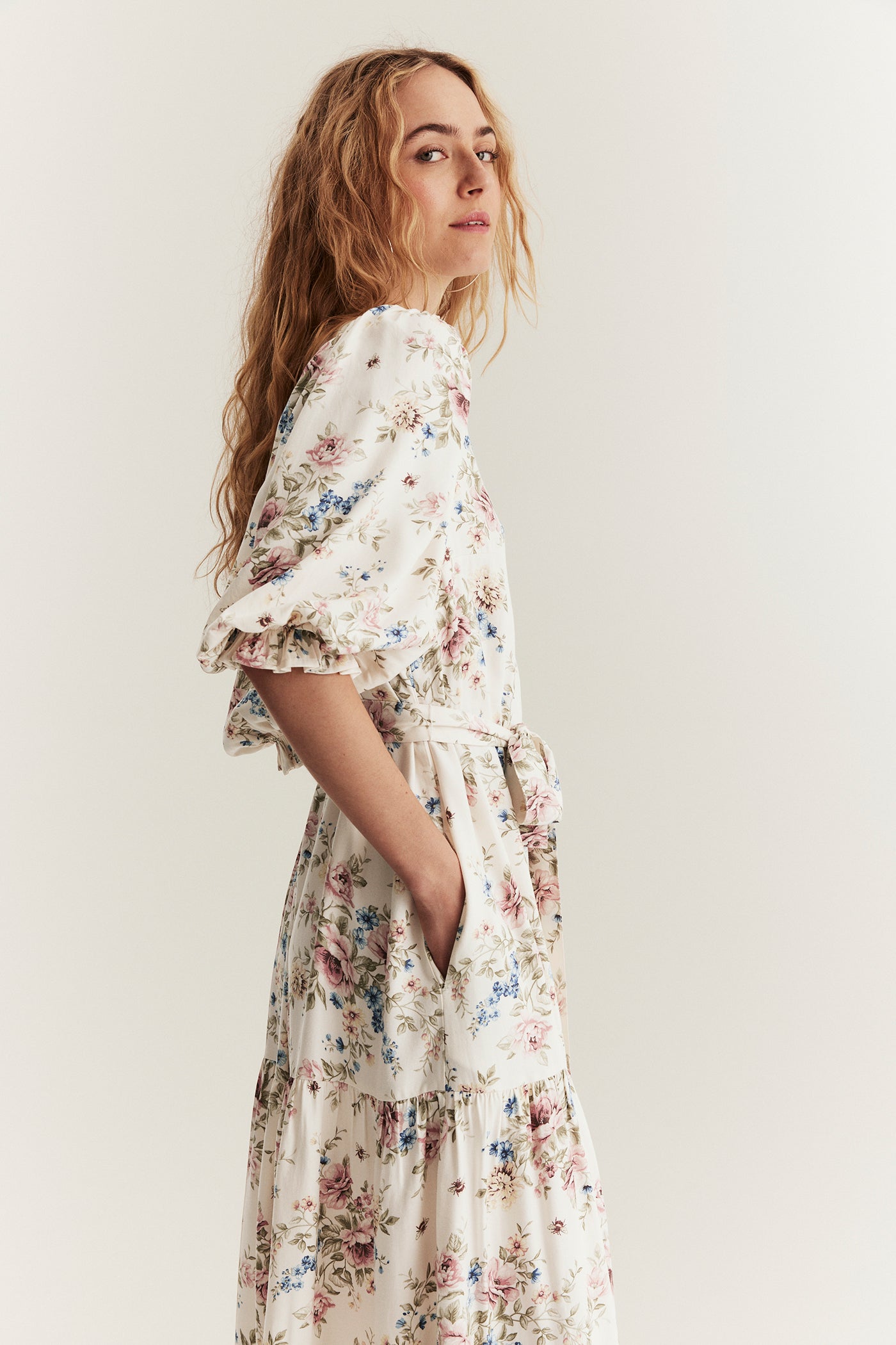 Women's white floral dress with belt