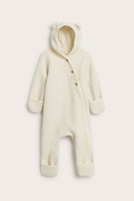Baby beige wool coverall with hood ears