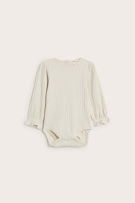 Baby white ribbed bodysuit with lace trim