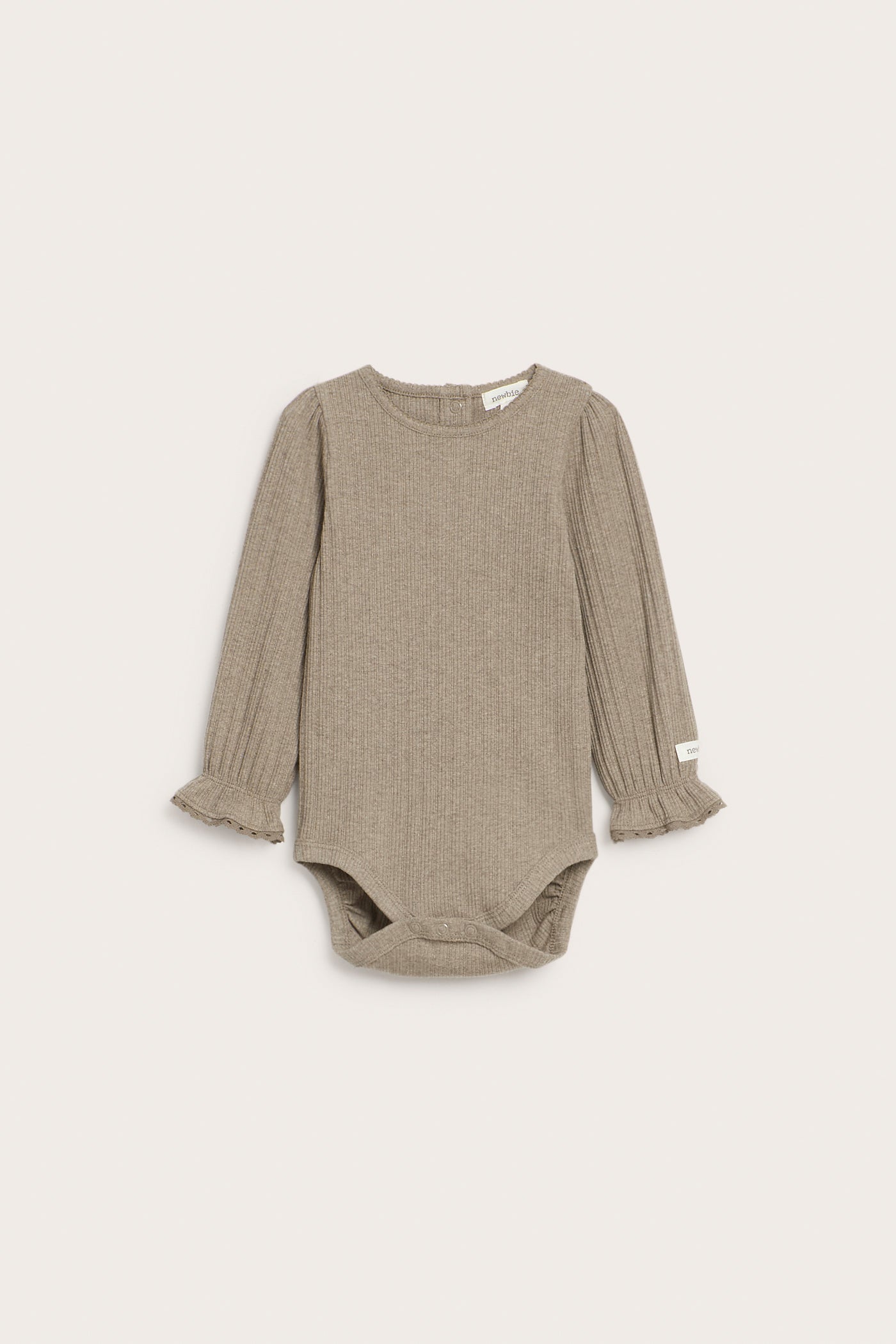 Baby brown ribbed bodysuit with lace trim