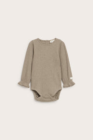 Baby brown ribbed bodysuit with lace trim