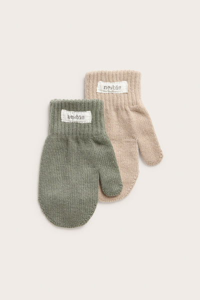 Kids green/beige thumb mittens 2-pack