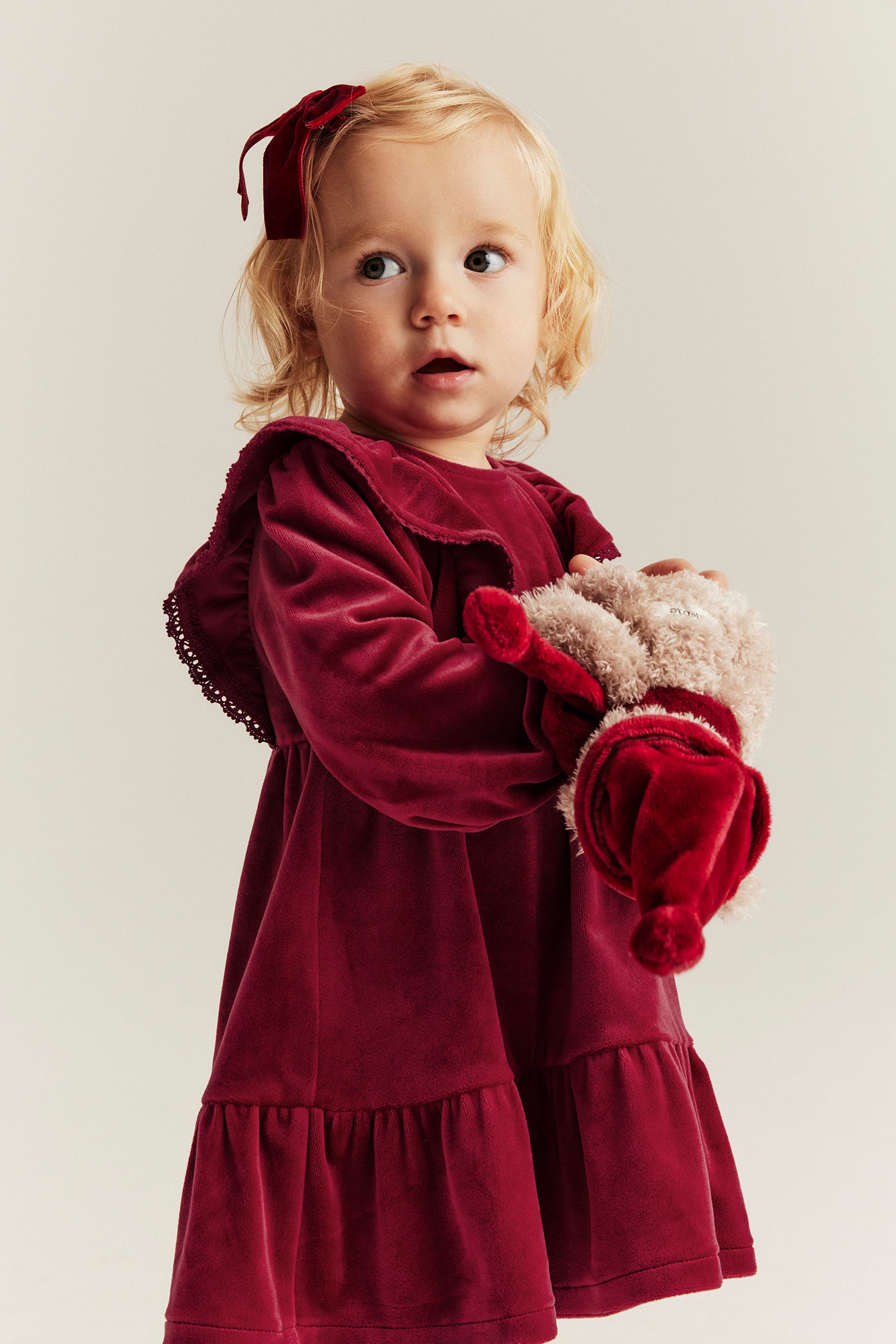 Baby red velour dress with frills