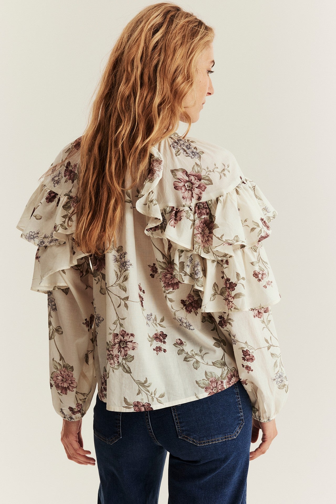 Women's beige floral frill blouse