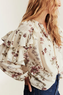 Women's beige floral frill blouse