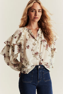 Women's beige floral frill blouse