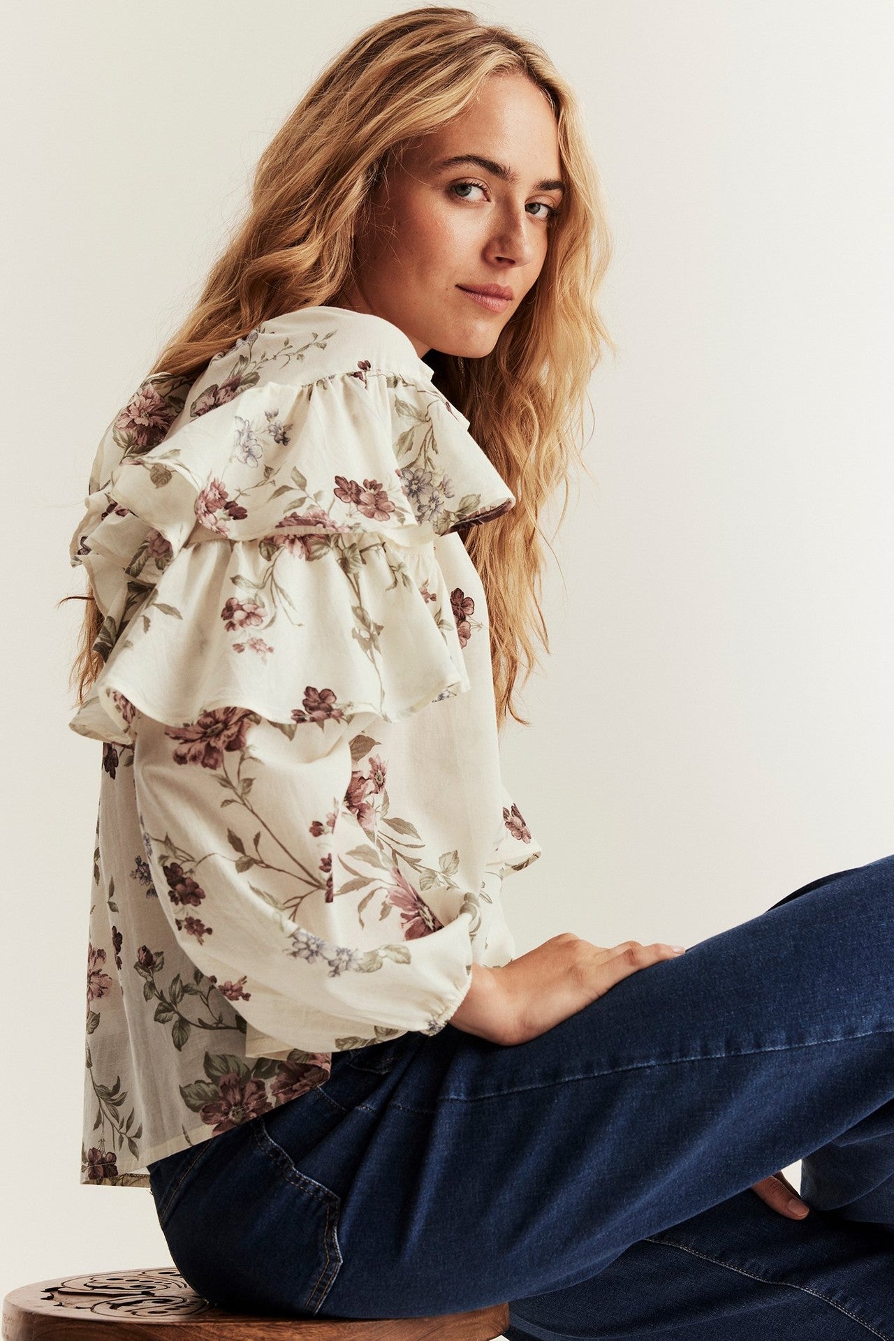 Women's beige floral frill blouse