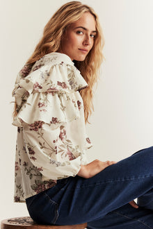 Women's beige floral frill blouse