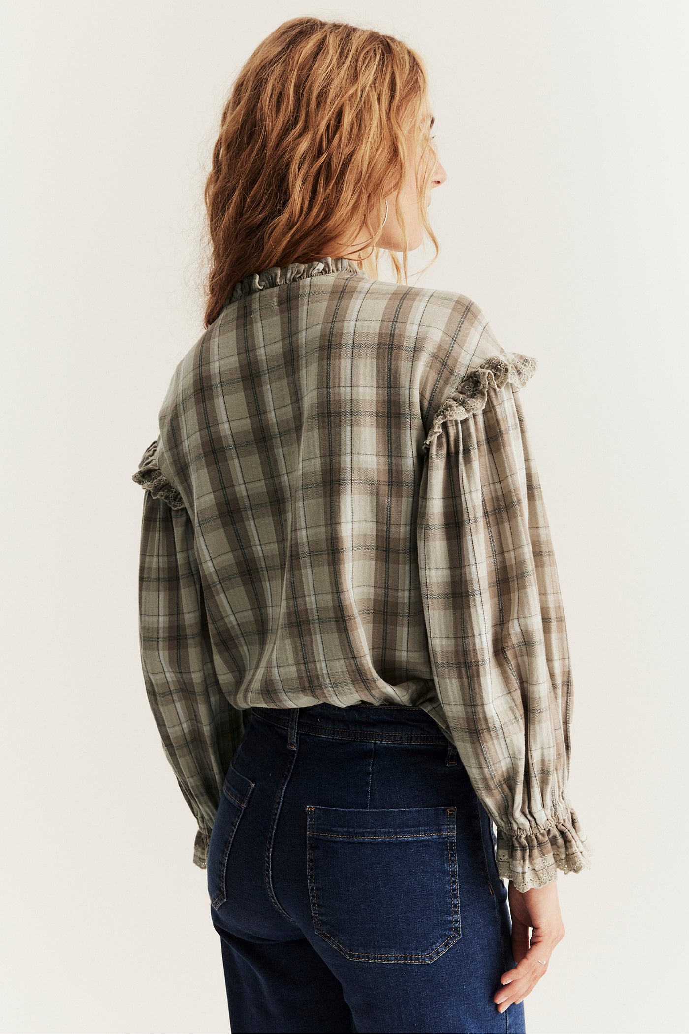 Women's beige checked frill blouse