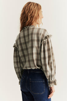 Women's beige checked frill blouse