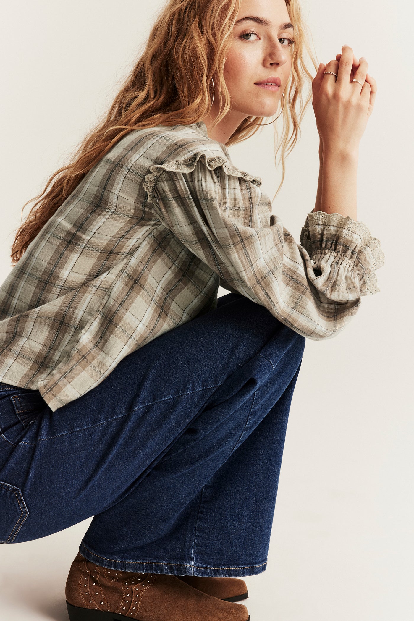 Women's beige checked frill blouse