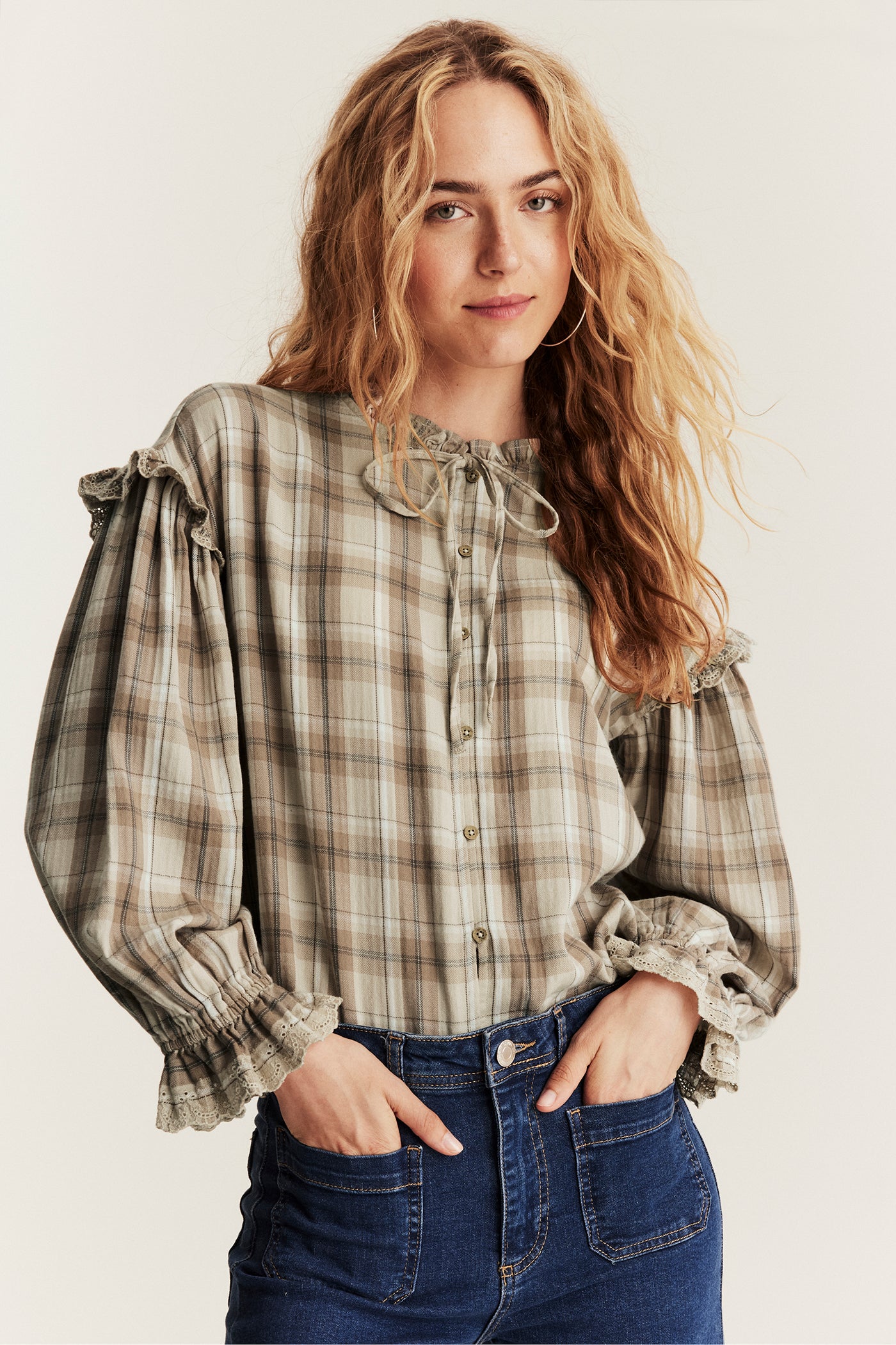 Women's beige checked frill blouse